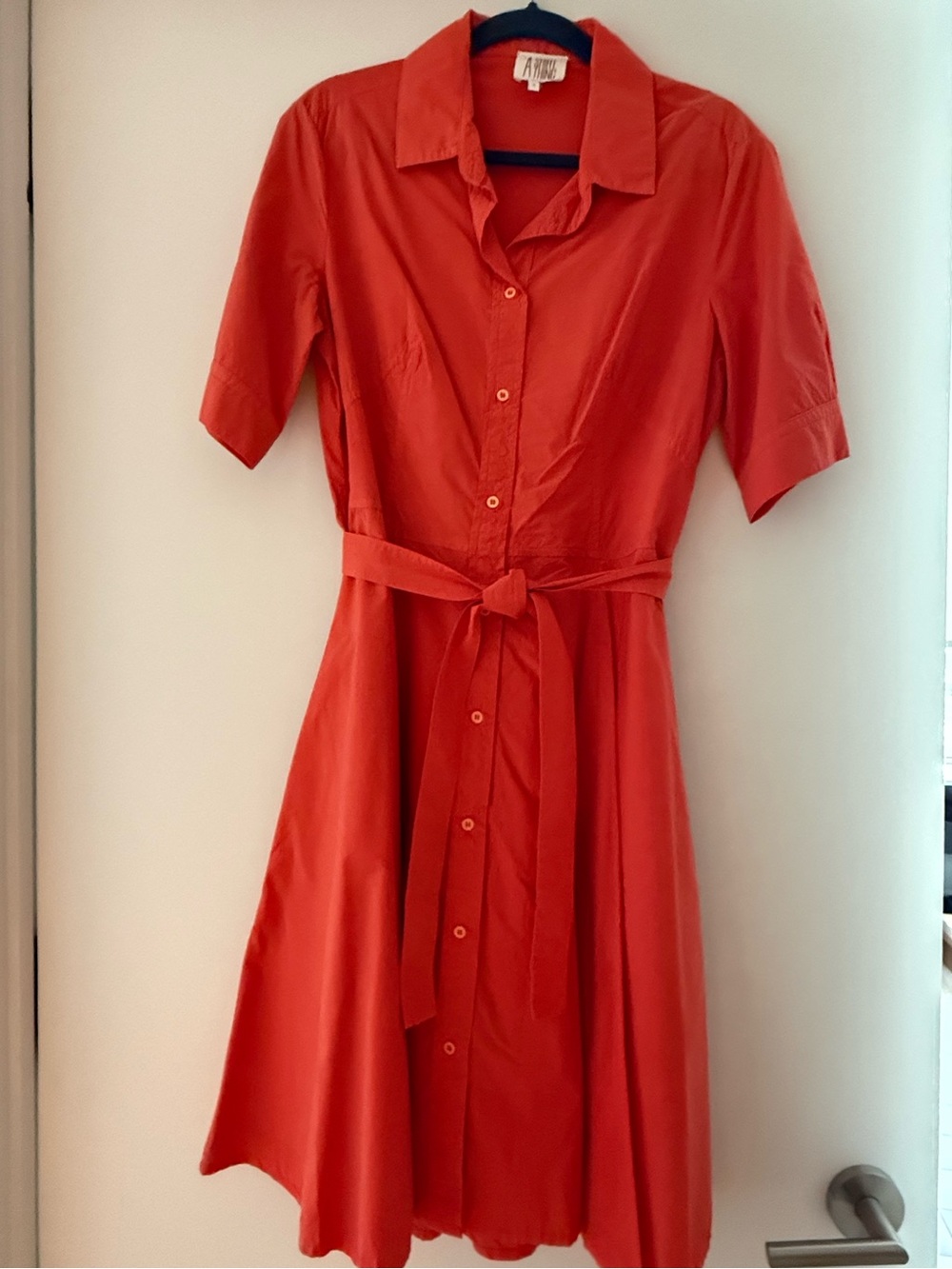 Button-Front Midi Shirt Dress in Coral with Tie Waist